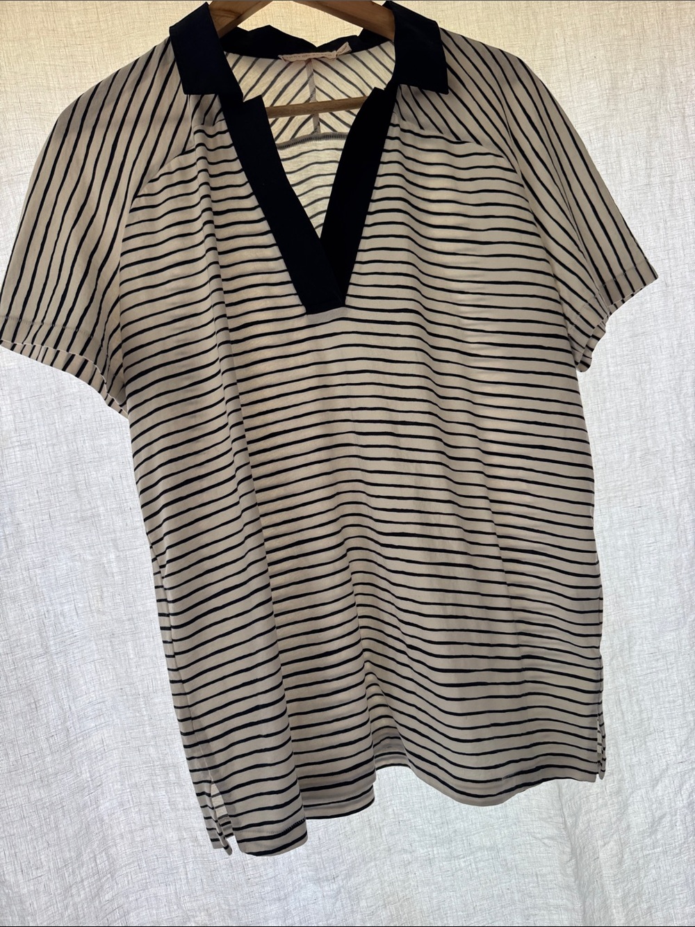 Tory Burch Striped Short-Sleeve Polo in Cream and Navy